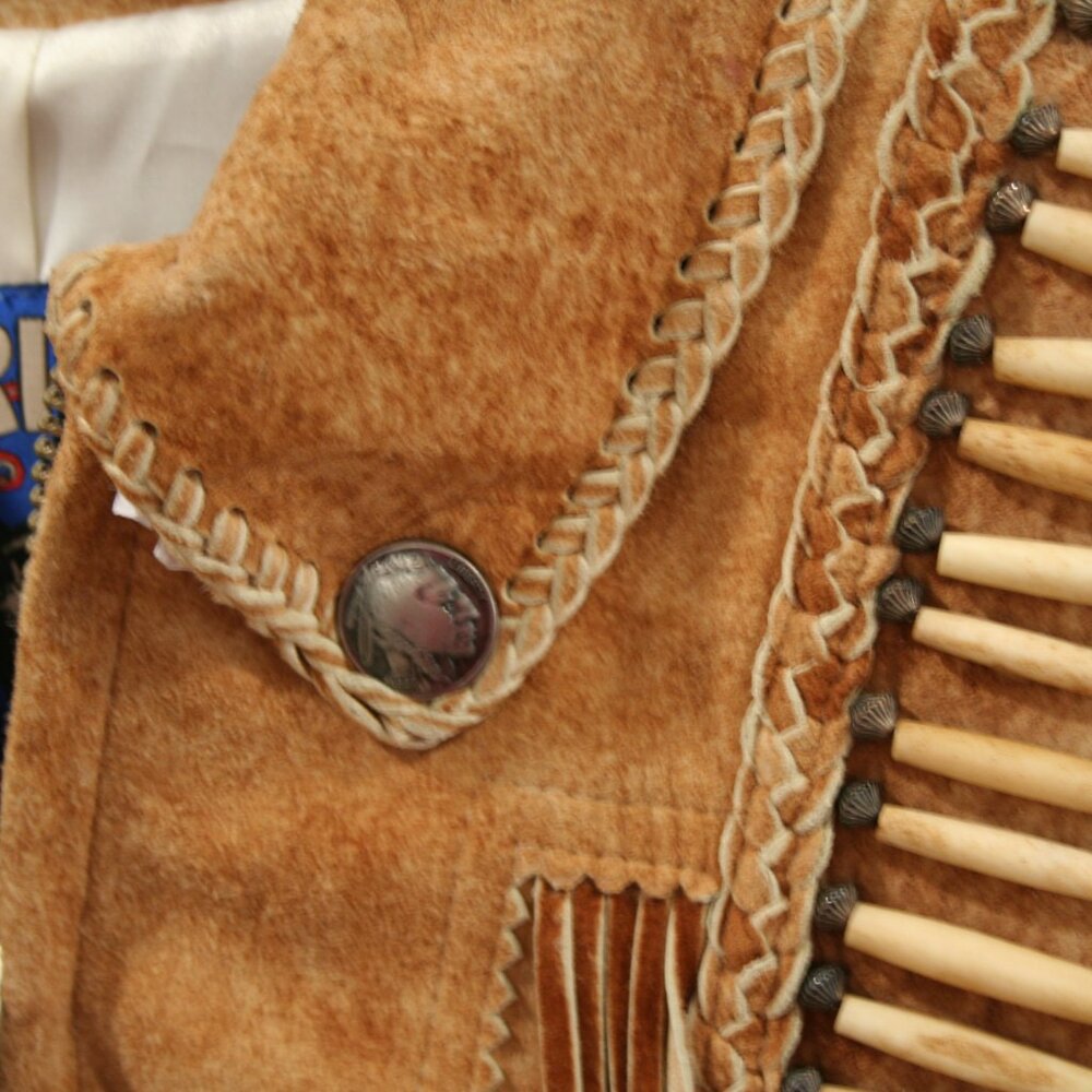 Tribe America Tan Genuine Suede Leather, Fringe along the yoke and sleeves Sz 10 - Picture 3 of 14